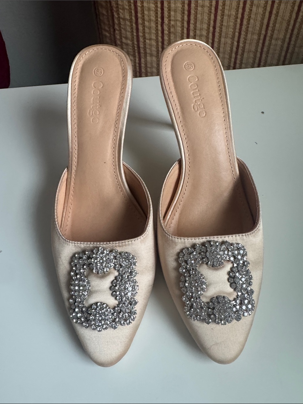 Crystal-Buckle Nude Satin Pointed Mules